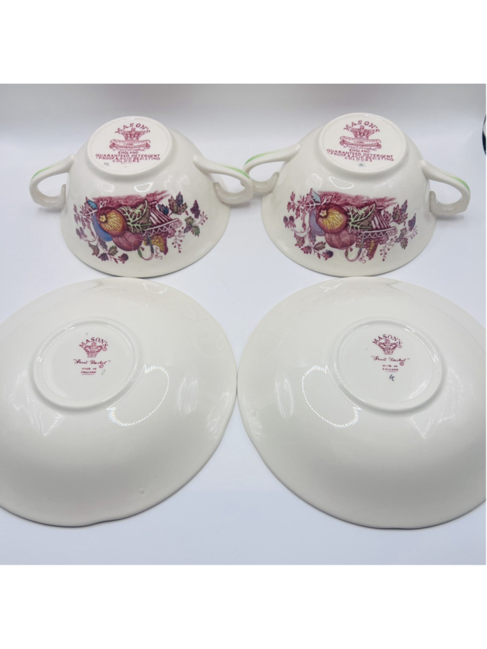 Set of (2) Masons Fruit Basket Soup Bowls Double Handle Mugs Saucers Tea Cups - Picture 5 of 8